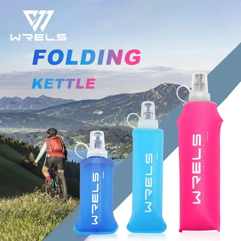 WELS folding bottles in blue and pink with a mountainous landscape in the background for hajj and umrah.