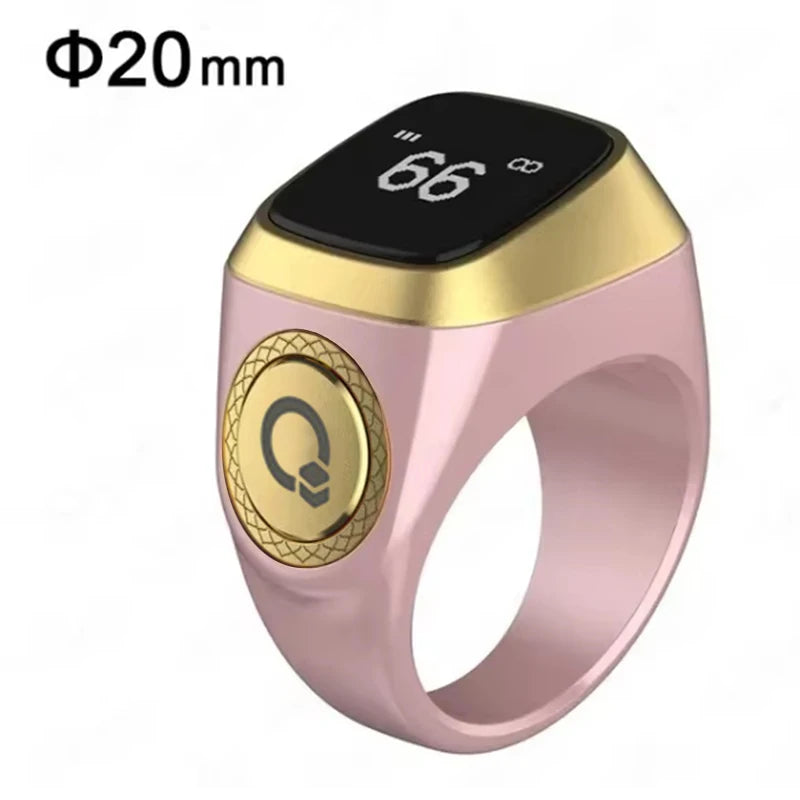 Smart zikr ring with gold and pink design on a white background